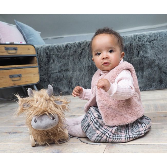 Little Bird Told Me - Hubert Highland Cow Pull Along Toy Cu Roti Detasabile, Pentru Copii Pjblb3102