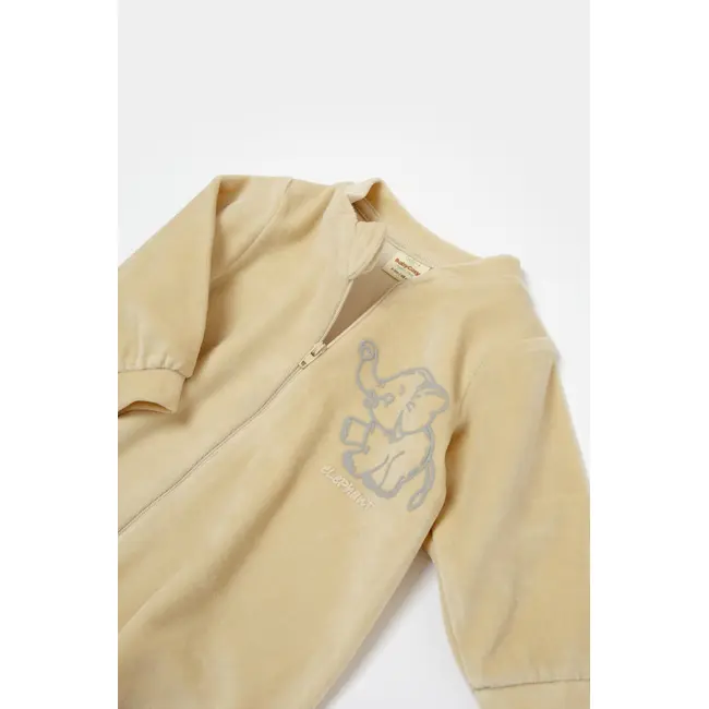 Salopeta Elefant cu maneca lunga din 80%bumbac organic si 20% poliester - Stone, BabyCosy (Marime: 6-9 luni) JEMBC-CSYK6052-6
