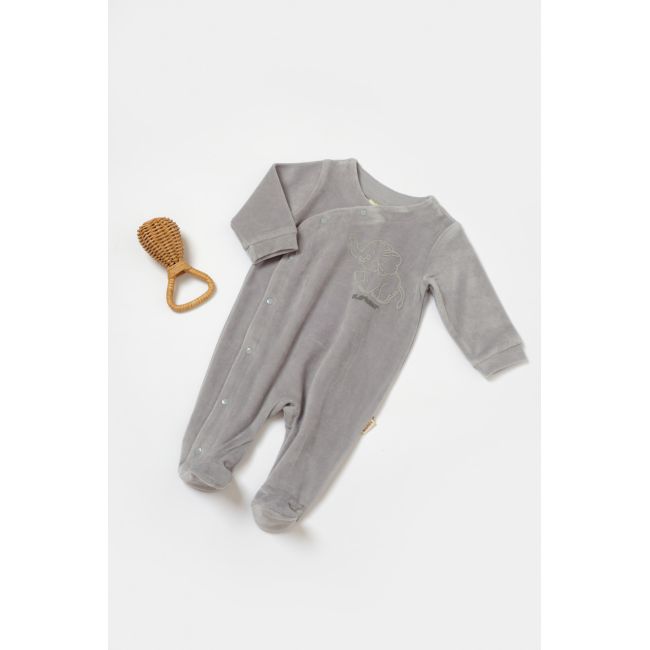 Salopeta Elefant cu maneca lunga si botosei din 80%bumbac organic si 20% poliester - Gri, BabyCosy (Marime: 0-3 Luni) JEMBC-CSYK6041-0