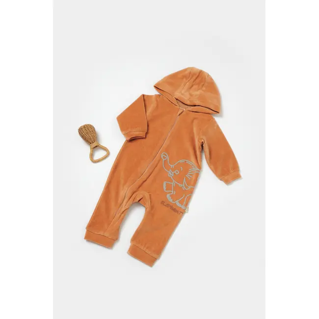 Salopeta Elefant cu maneca lunga si gluga din 80%bumbac organic si 20% poliester - Caramiziu, BabyCosy (Marime: 12-18 Luni) JEMBC-CSYK6044-12