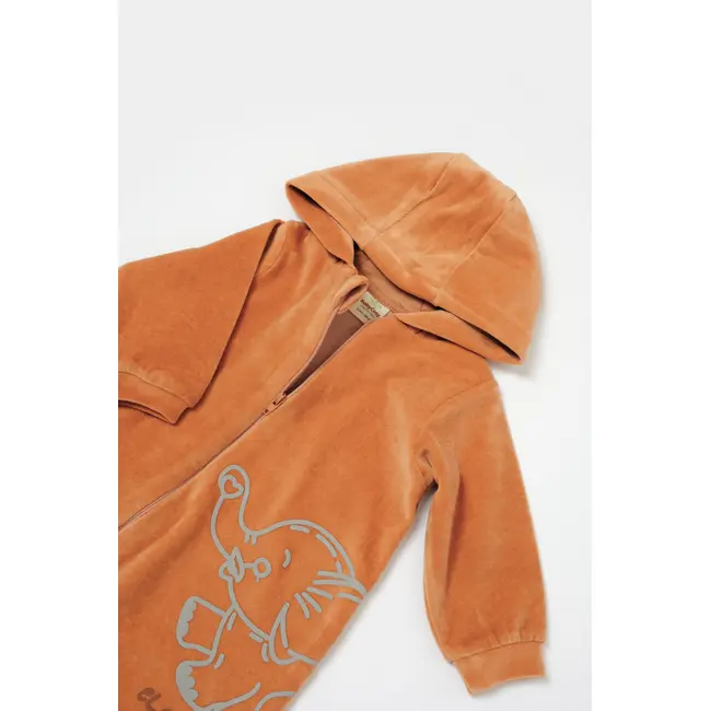 Salopeta Elefant cu maneca lunga si gluga din 80%bumbac organic si 20% poliester - Caramiziu, BabyCosy (Marime: 12-18 Luni) JEMBC-CSYK6044-12
