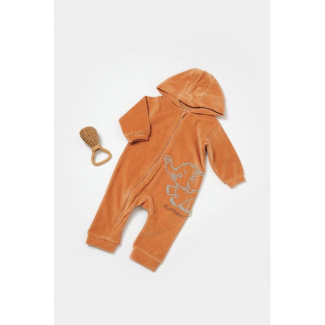 Salopeta Elefant cu maneca lunga si gluga din 80%bumbac organic si 20% poliester - Caramiziu, BabyCosy (Marime: 9-12 luni) JEMBC-CSYK6044-9