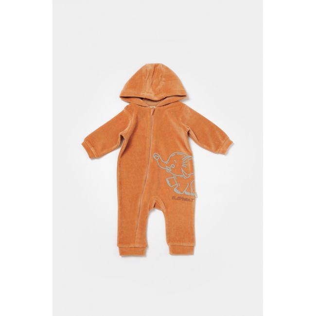 Salopeta Elefant cu maneca lunga si gluga din 80%bumbac organic si 20% poliester - Caramiziu, BabyCosy (Marime: 9-12 luni) JEMBC-CSYK6044-9