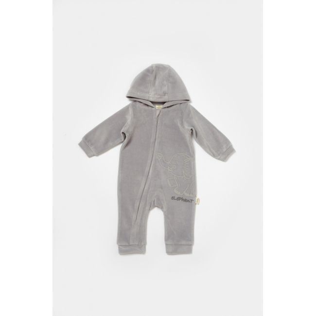 Salopeta Elefant cu maneca lunga si gluga din 80%bumbac organic si 20% poliester - Gri, BabyCosy (Marime: 3-6 Luni) JEMBC-CSYK6046-3