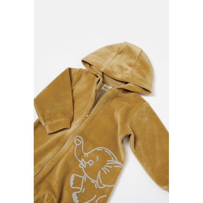 Salopeta Elefant cu maneca lunga si gluga din 80%bumbac organic si 20% poliester - Mustar, BabyCosy (Marime: 6-9 luni) JEMBC-CSYK6045-6