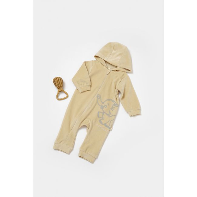 Salopeta Elefant cu maneca lunga si gluga din 80%bumbac organic si 20% poliester - Stone, BabyCosy (Marime: 6-9 luni) JEMBC-CSYK6042-6