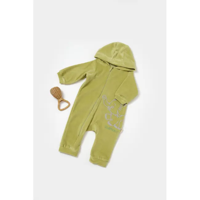 Salopeta Elefant cu maneca lunga si gluga din 80%bumbac organic si 20% poliester - Verde, BabyCosy (Marime: 12-18 Luni) JEMBC-CSYK6043-12