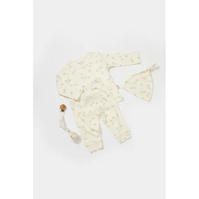 Set 3 piese:bluza, pantaloni si caciulita Printed, BabyCosy, 50% modal+50% bumbac, Ecru (Marime: 9-12 luni) JEMBC-CSYM25500-9