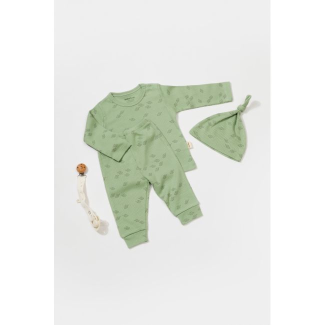 Set 3 piese:bluza, pantaloni si caciulita Printed, BabyCosy, 50% modal+50% bumbac, Verde (Marime: 6-9 luni) JEMBC-CSYM25503-6