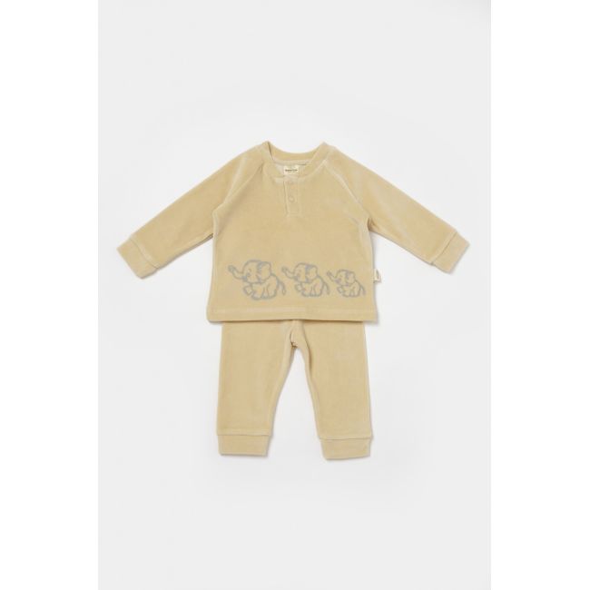 Set bluzita si pantaloni Elefant, 80%bumbac organic si 20% poliester - Stone, BabyCosy (Marime: 9-12 luni) JEMBC-CSYK6047-9