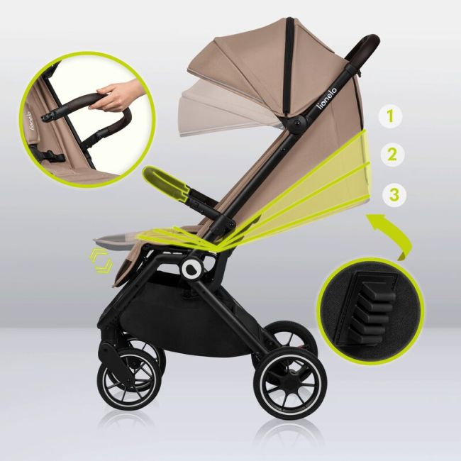 Lionelo - Carucior sport Cloe, De la nastere, Cu accesorii, Cadru din aluminiu, 0-22 kg, Usor, Pliabil cu o singura mana, Ideal pentru toate tipurile de suprafete, Bej BYNLO-CLOE_BEIGE_SAND