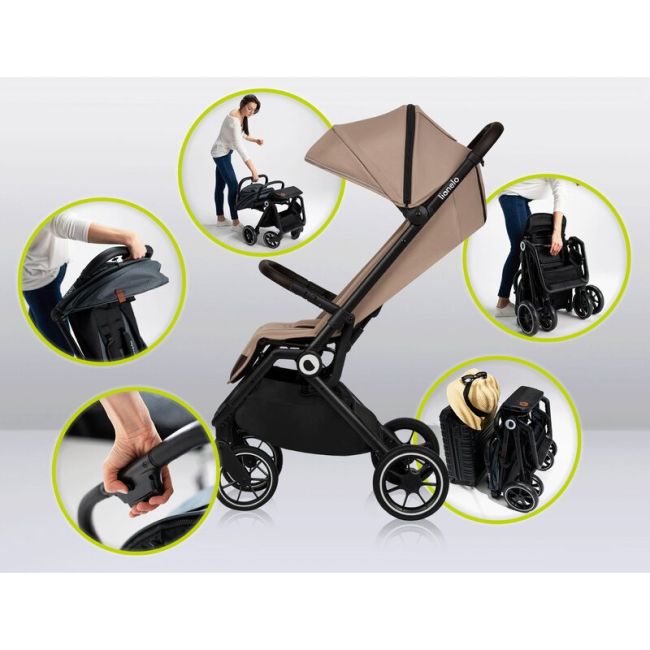Lionelo - Carucior sport Cloe, De la nastere, Cu accesorii, Cadru din aluminiu, 0-22 kg, Usor, Pliabil cu o singura mana, Ideal pentru toate tipurile de suprafete, Bej BYNLO-CLOE_BEIGE_SAND
