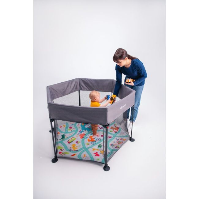 Lionelo - Tarc de joaca Roel, Pliere ultra-compacta, Conform cu standardul europeane de securitate EN12227, Multicolor BYNLO-ROEL_GREY_MULTICOLOR