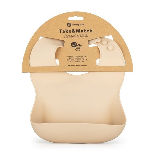 Petite&Mars - Baveta moale Take&Match, Reglabil, Cu buzunar colector, Silicon, Fara BPA, 6 luni+, Bej BYN706818