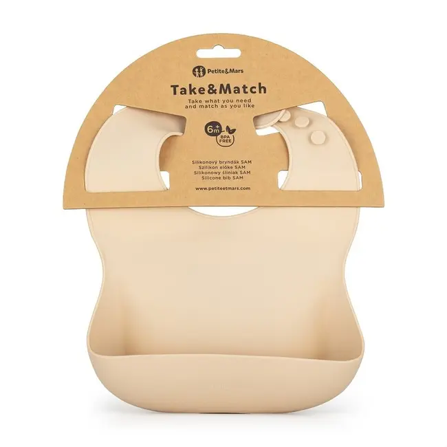 Petite&Mars - Baveta moale Take&Match, Reglabil, Cu buzunar colector, Silicon, Fara BPA, 6 luni+, Bej BYN706818