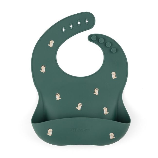 Petite&Mars - Baveta moale Take&Match, Reglabil, Cu buzunar colector, Silicon, Fara BPA, 6 luni+, Model dinozauri, Verde BYN706717