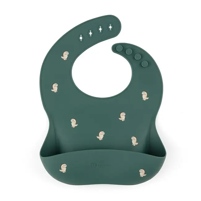 Petite&Mars - Baveta moale Take&Match, Reglabil, Cu buzunar colector, Silicon, Fara BPA, 6 luni+, Model dinozauri, Verde BYN706717