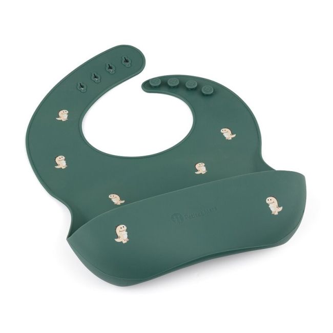 Petite&Mars - Baveta moale Take&Match, Reglabil, Cu buzunar colector, Silicon, Fara BPA, 6 luni+, Model dinozauri, Verde BYN706717