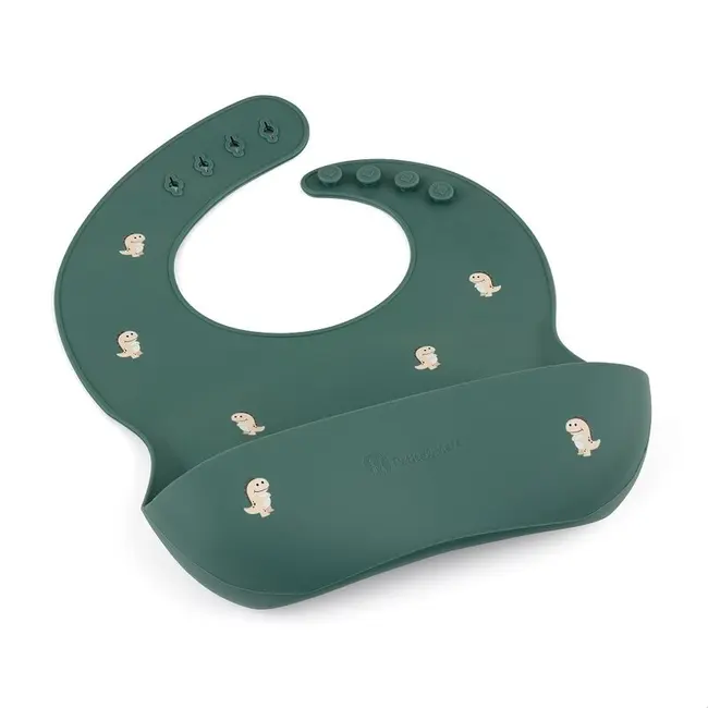 Petite&Mars - Baveta moale Take&Match, Reglabil, Cu buzunar colector, Silicon, Fara BPA, 6 luni+, Model dinozauri, Verde BYN706717