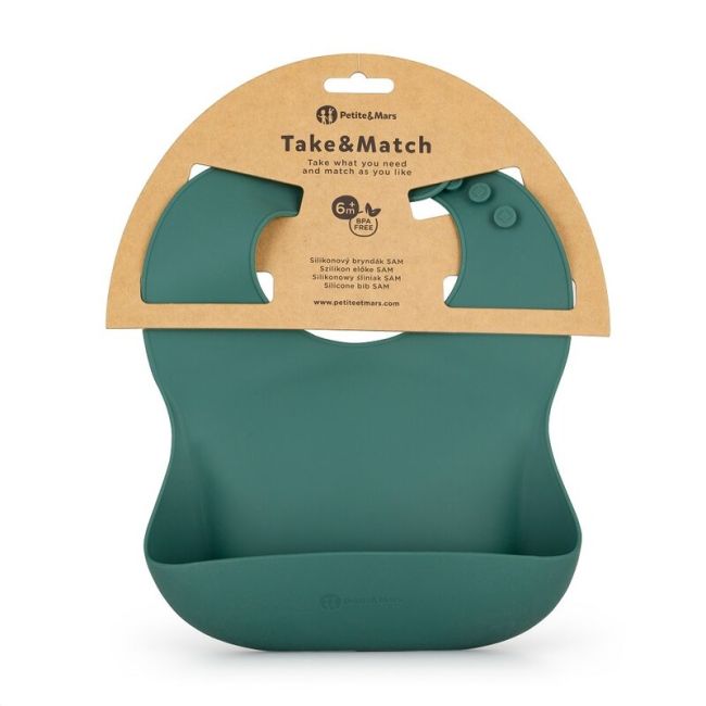 Petite&Mars - Baveta moale Take&Match, Reglabil, Cu buzunar colector, Silicon, Fara BPA, 6 luni+, Verde BYN706817