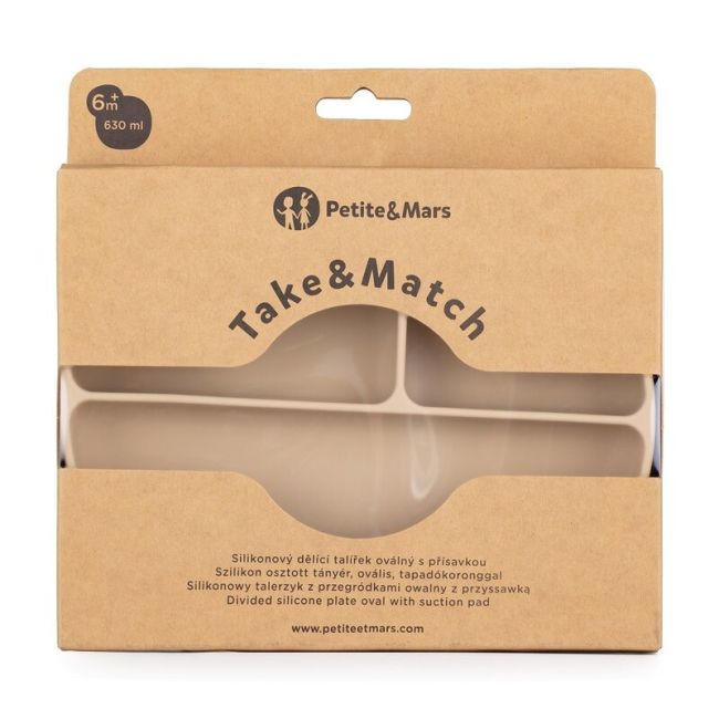 Petite&Mars - Farfurie compartimentata Take&Match, Ovala, Cu ventuza si 3 compartimente, Silicon, Fara BPA, 630 ml, 6 luni+, Bej BYN717818