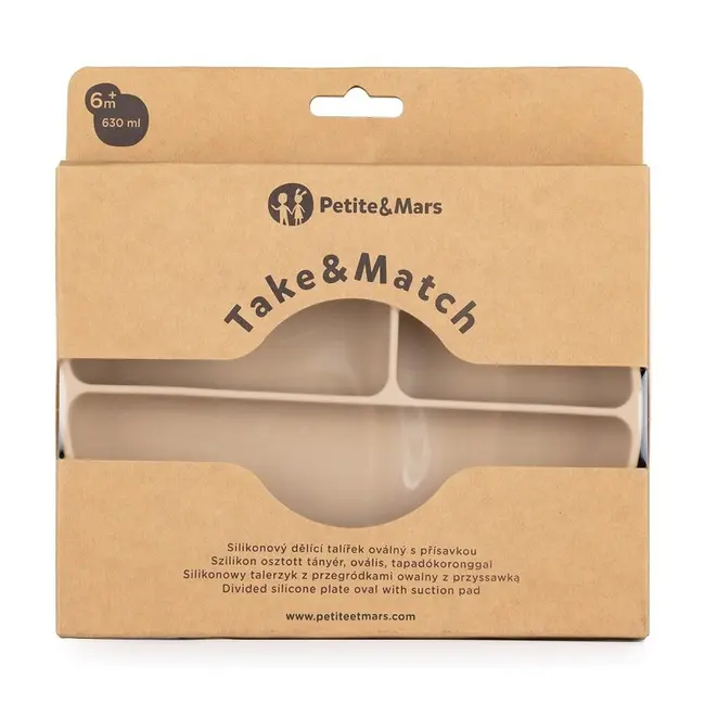 Petite&Mars - Farfurie compartimentata Take&Match, Ovala, Cu ventuza si 3 compartimente, Silicon, Fara BPA, 630 ml, 6 luni+, Bej BYN717818
