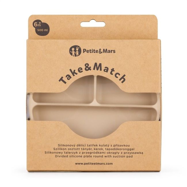 Petite&Mars - Farfurie compartimentata Take&Match, Rotunda, Cu ventuza si 3 compartimente, Silicon, Fara BPA, 500 ml, 6 luni+, Bej BYN715818