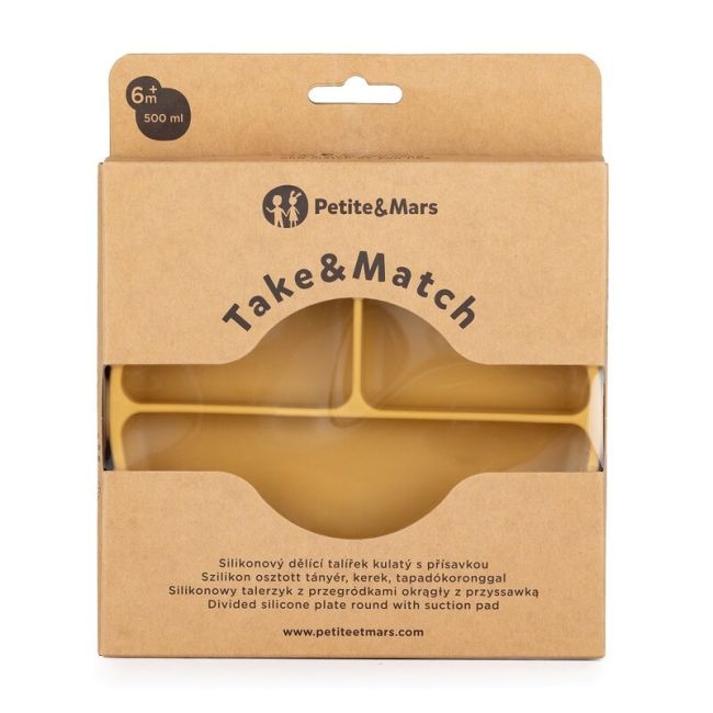 Petite&Mars - Farfurie compartimentata Take&Match, Rotunda, Cu ventuza si 3 compartimente, Silicon, Fara BPA, 500 ml, 6 luni+, Galben BYN715819