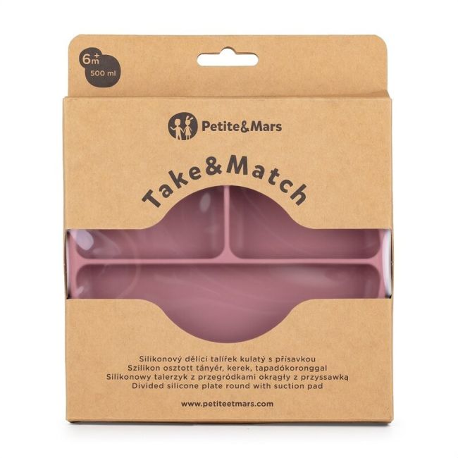 Petite&Mars - Farfurie compartimentata Take&Match, Rotunda, Cu ventuza si 3 compartimente, Silicon, Fara BPA, 500 ml, 6 luni+, Roz BYN715820