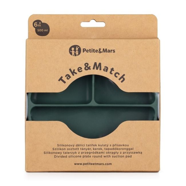 Petite&Mars - Farfurie compartimentata Take&Match, Rotunda, Cu ventuza si 3 compartimente, Silicon, Fara BPA, 500 ml, 6 luni+, Verde BYN715817