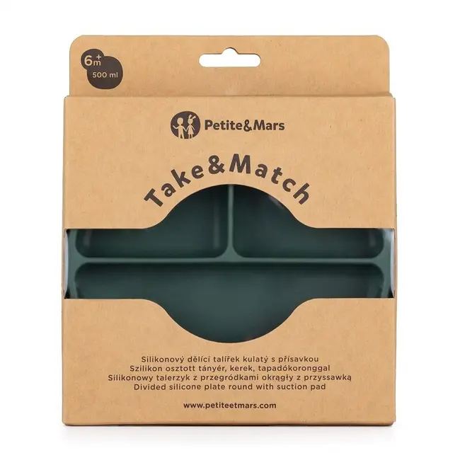 Petite&Mars - Farfurie compartimentata Take&Match, Rotunda, Cu ventuza si 3 compartimente, Silicon, Fara BPA, 500 ml, 6 luni+, Verde BYN715817