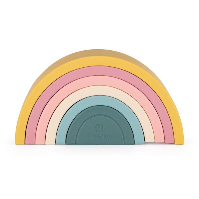 Petite&Mars - Jucarie pentru stivuire, Curcubeu, 14x7.5x5 cm, Silicon, Fara BPA, 6 piese, 12 luni+, Galben BYN599819