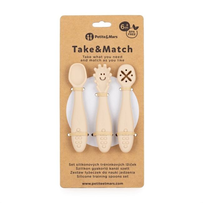 Petite&Mars - Set 3 lingurite, Diverse forme, Pentru supa, paste, alimente usoare, Dezvolta simturile si abilitatile senzoriale, Silicon, Fara BPA, 6 luni+, Bej BYN721818