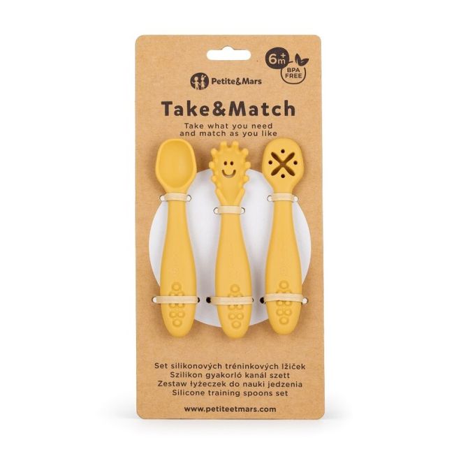 Petite&Mars - Set 3 lingurite, Diverse forme, Pentru supa, paste, alimente usoare, Dezvolta simturile si abilitatile senzoriale, Silicon, Fara BPA, 6 luni+, Galben BYN721819
