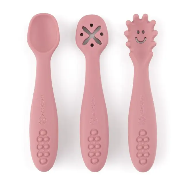Petite&Mars - Set 3 lingurite, Diverse forme, Pentru supa, paste, alimente usoare, Dezvolta simturile si abilitatile senzoriale, Silicon, Fara BPA, 6 luni+, Roz BYN721820
