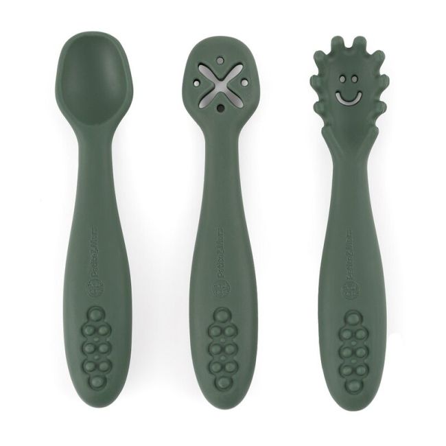 Petite&Mars - Set 3 lingurite, Diverse forme, Pentru supa, paste, alimente usoare, Dezvolta simturile si abilitatile senzoriale, Silicon, Fara BPA, 6 luni+, Verde BYN721817