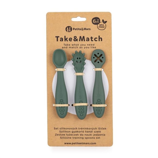 Petite&Mars - Set 3 lingurite, Diverse forme, Pentru supa, paste, alimente usoare, Dezvolta simturile si abilitatile senzoriale, Silicon, Fara BPA, 6 luni+, Verde BYN721817