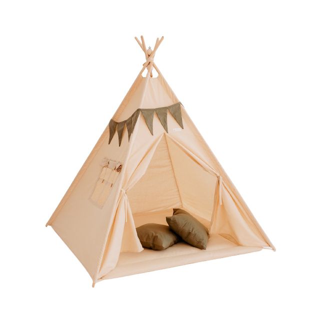 Set Cort de joaca, Beige teepee, 110x110x160 cm, salteluta, ghirlanda, 2 pernite si kit fixare MRD11872