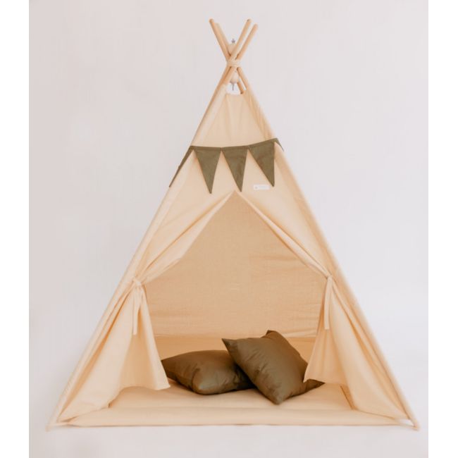 Set Cort de joaca, Beige teepee, 110x110x160 cm, salteluta, ghirlanda, 2 pernite si kit fixare MRD11872