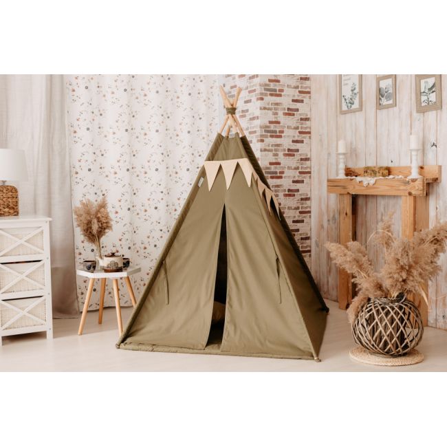 Set Cort de joaca, Olive teepee, 110x110x160 cm, salteluta, ghirlanda, 2 pernite si kit fixare MRD11873