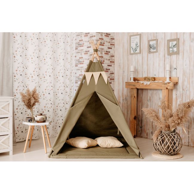 Set Cort de joaca, Olive teepee, 110x110x160 cm, salteluta, ghirlanda, 2 pernite si kit fixare MRD11873