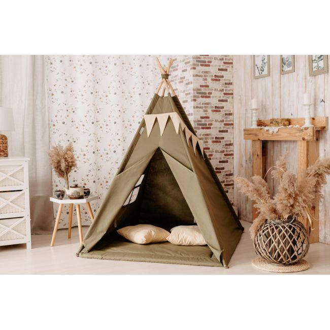 Set Cort de joaca, Olive teepee, 110x110x160 cm, salteluta, ghirlanda, 2 pernite si kit fixare MRD11873