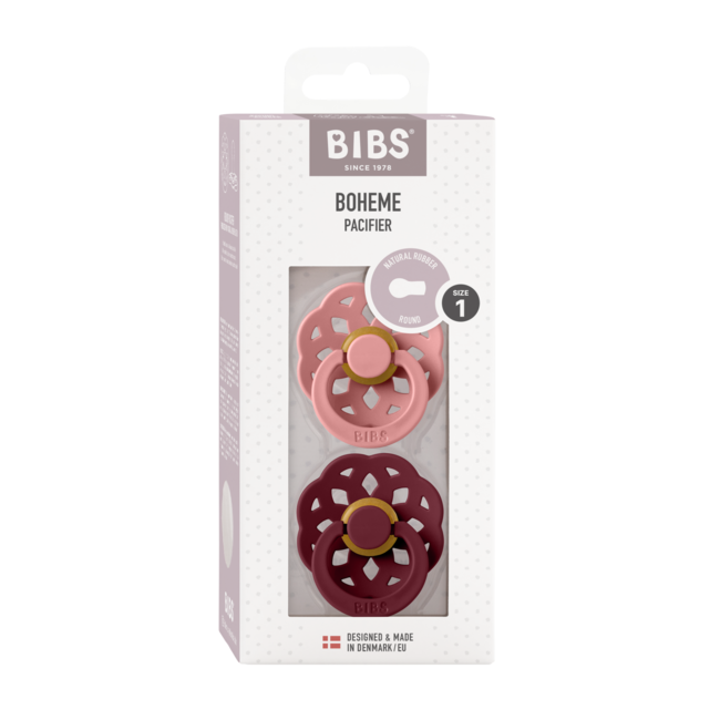 Bibs - set 2 suzete boheme latex, tetina rotunda, 0 luni +-dusty pink/elderberry bbb230136
