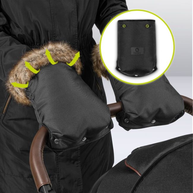 Lionelo - Manusi termice pentru carucior, Universale, Impermeabile, Interior din lana, Cu blana ecologica detasabila, Negru BYNLO-HANDMUFF_BLACK