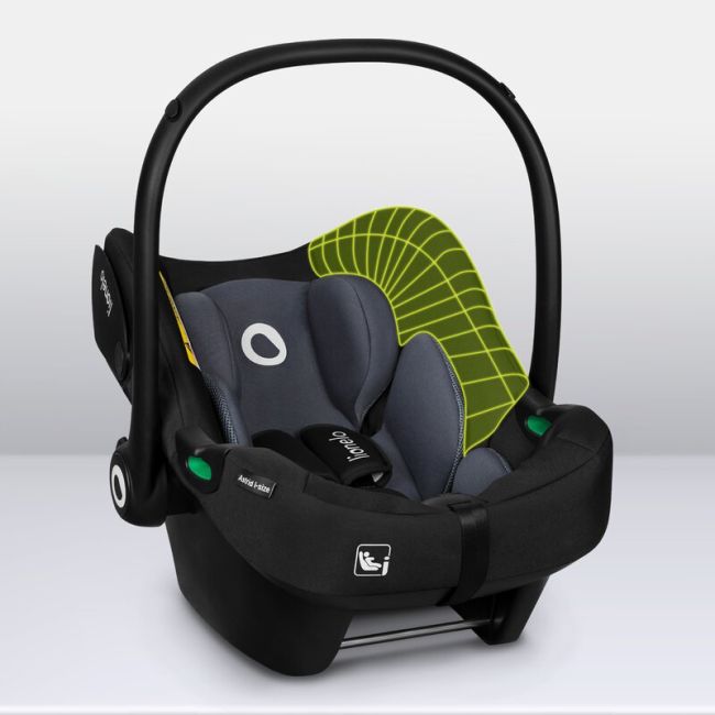 Lionelo - Soica auto i-Size Astrid, Include baza Isofix, 0-13 Kg, 40-87 cm, Cu maner si capotina reglabile, Cu protectie laterala avansata, Salteluta confortabila , Conform cu R129, Negru/Gri BYNLO-ASTRID_I-SIZE_BLACK_GREY+BASE_BLACK