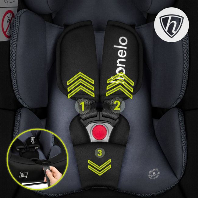 Lionelo - Soica auto i-Size Astrid, Include baza Isofix, 0-13 Kg, 40-87 cm, Cu maner si capotina reglabile, Cu protectie laterala avansata, Salteluta confortabila , Conform cu R129, Negru/Gri BYNLO-ASTRID_I-SIZE_BLACK_GREY+BASE_BLACK