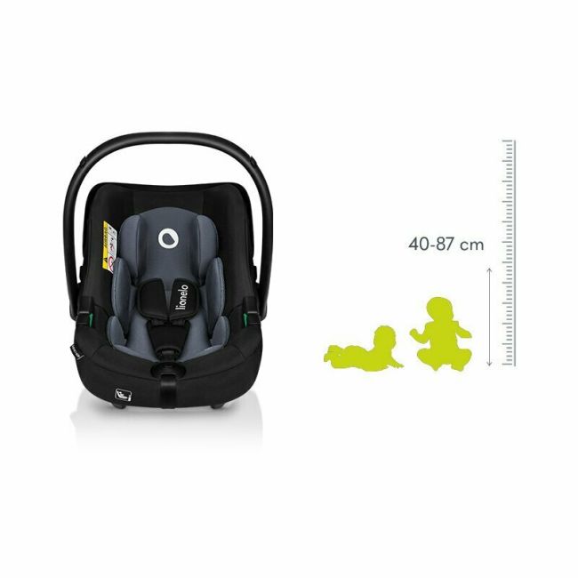 Lionelo - Soica auto i-Size Astrid, Include baza Isofix, 0-13 Kg, 40-87 cm, Cu maner si capotina reglabile, Cu protectie laterala avansata, Salteluta confortabila , Conform cu R129, Negru/Gri BYNLO-ASTRID_I-SIZE_BLACK_GREY+BASE_BLACK