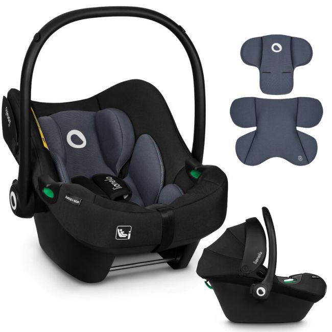 Lionelo - Soica auto i-Size Astrid, Include baza Isofix, 0-13 Kg, 40-87 cm, Cu maner si capotina reglabile, Cu protectie laterala avansata, Salteluta confortabila , Conform cu R129, Negru/Gri BYNLO-ASTRID_I-SIZE_BLACK_GREY+BASE_BLACK