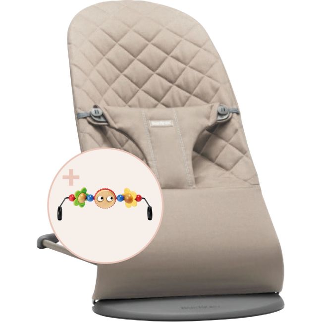 BabyBjorn - Balansoar Bliss Sand Grey din tesatura matlasata cu aspect Clasic, cu bara de jucarii inclusa BSAFE606117A