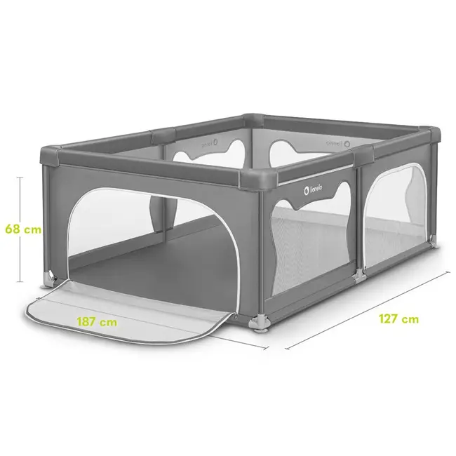 Lionelo - Tarc de joaca Willow, Pliere compacta, Include sacosa depozitare, Din plasa, Cu doua intrari laterale, Cu fermoar, Cu ventuze, Gri BYNLO-WILLOW_GREY_CONCRETE